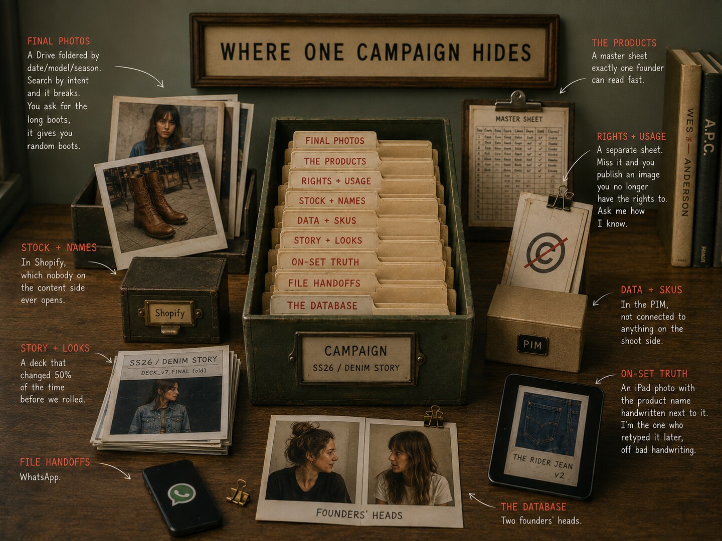 A still life labeled 'Where One Campaign Hides': a green card-file box of folders (Final Photos, The Products, Rights and Usage, Stock and Names, Data and SKUs, Story and Looks, On-Set Truth, File Handoffs, The Database) surrounded by Polaroids, a master sheet, a Shopify box, a PIM box, a WhatsApp phone, and two 'Founders' Heads' Polaroids.