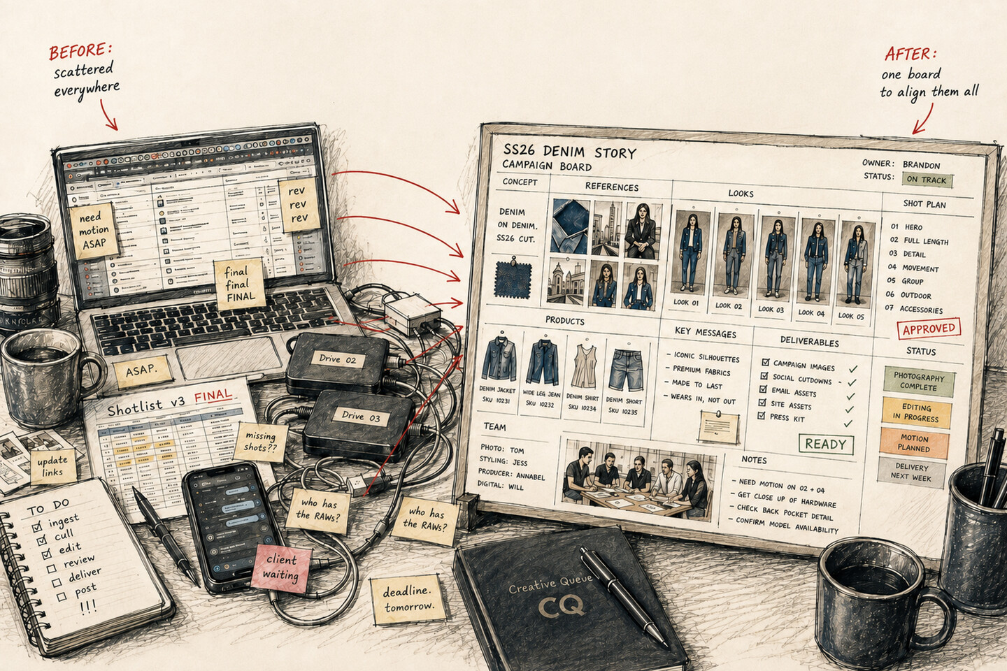 The whole campaign in view: on the left, one campaign scattered across browser tabs, sticky notes, a Shotlist v3 Final, and unlabeled hard drives; on the right, the same campaign as one clean Creative Queue board with looks, shot plan, deliverables, and status.