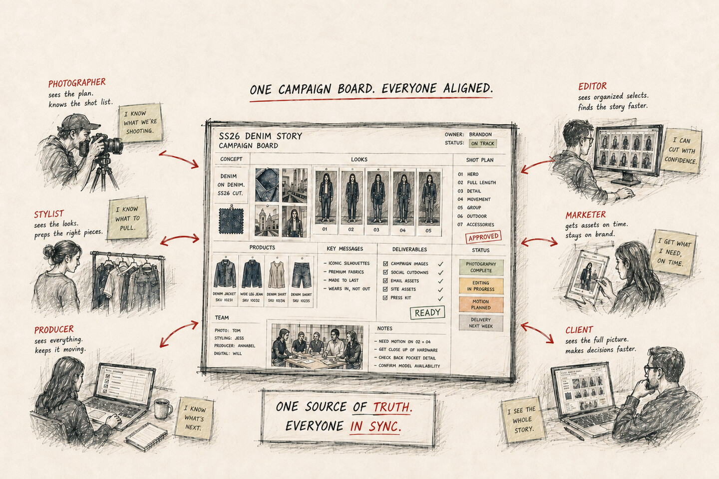 Every role, one source: photographer, stylist, producer, editor, marketer, and client, each reading the job they need off one shared Creative Queue campaign board.