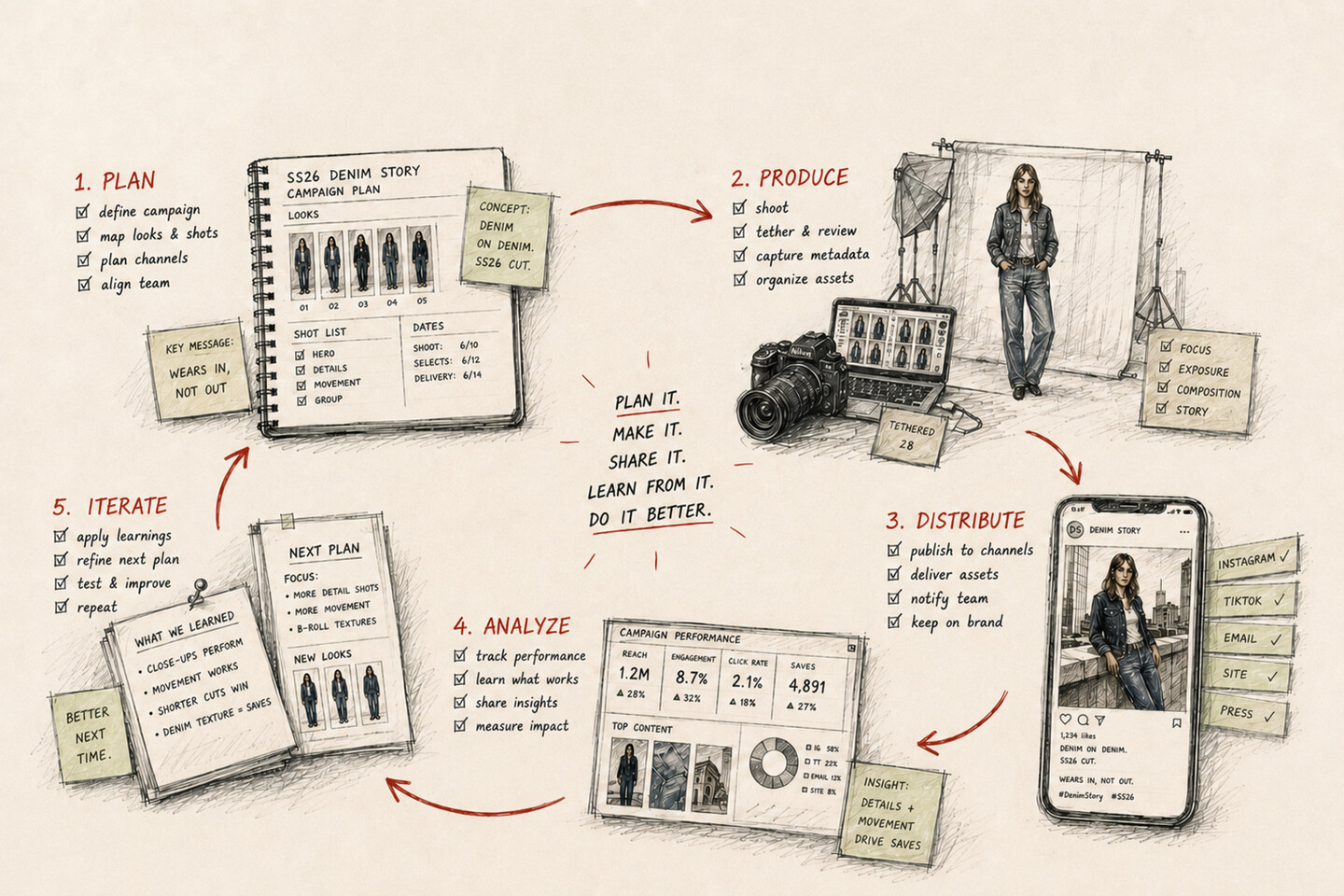 One content lifecycle shown as a loop: plan on a circled calendar, produce with a barcode scanner, distribute from a campaign file box, analyze on a performance card, and iterate with a next-round brief, an arrow curving back to plan.